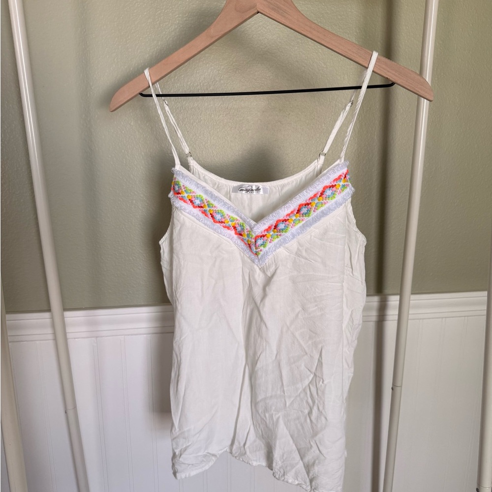 White Tank Top with Colorful Embroidery